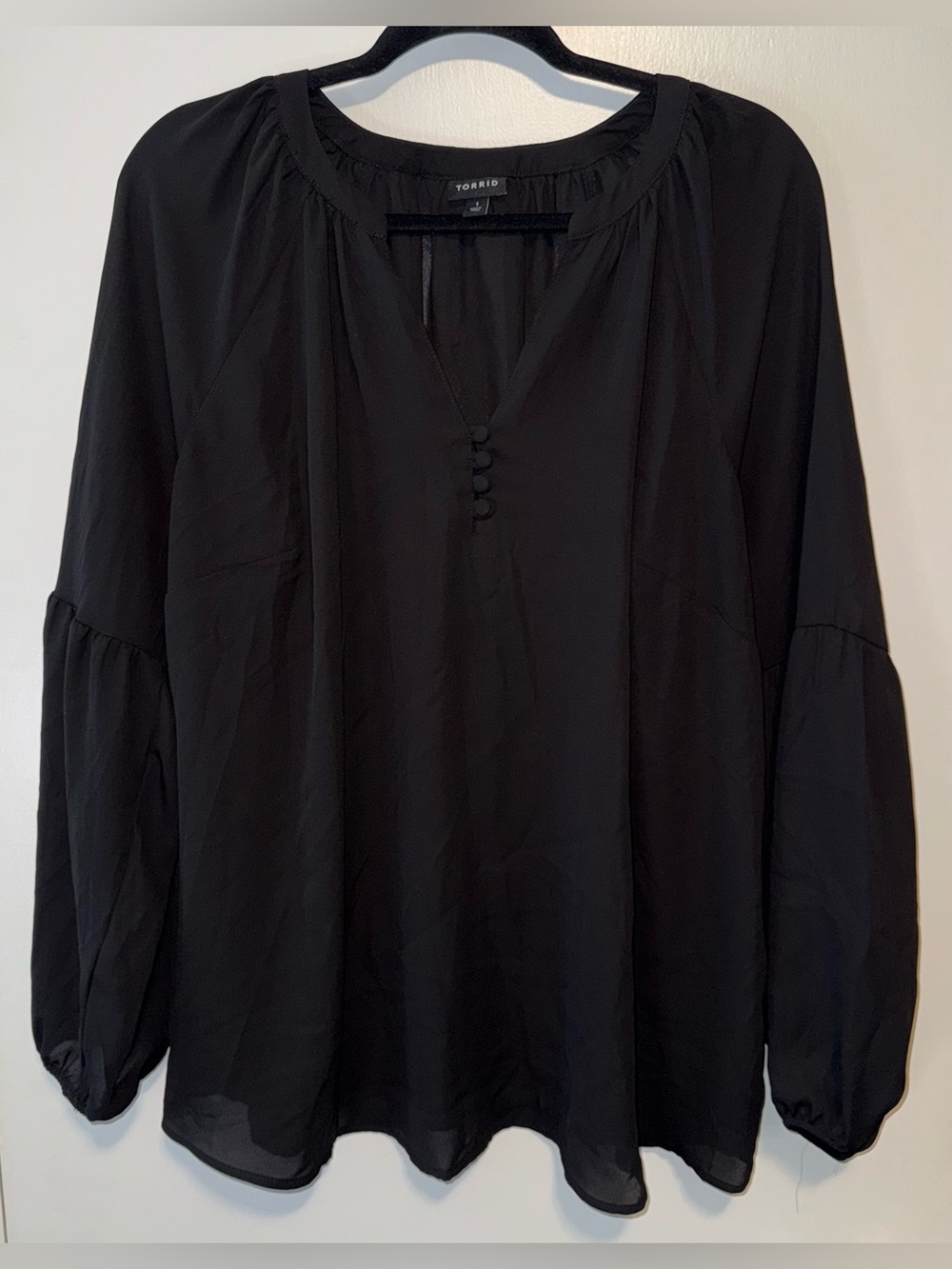 Torrid Black V-Neck Chiffon Button Peasant Blouse